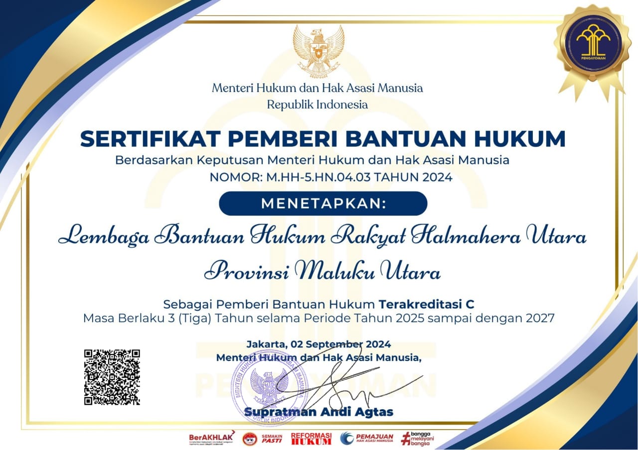 Yolfin Arunde SH “Jangan berdalih, Dr Piet Hein Babua itu ketua team penyusun naskah akademik Perda Bantuan Hukum Rakyat Miskin Halut” 6 SERIFIKAT LBH